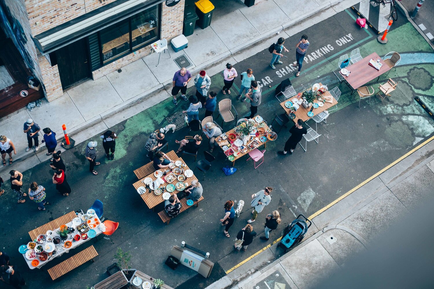 An overhead photo of a communal dinner.